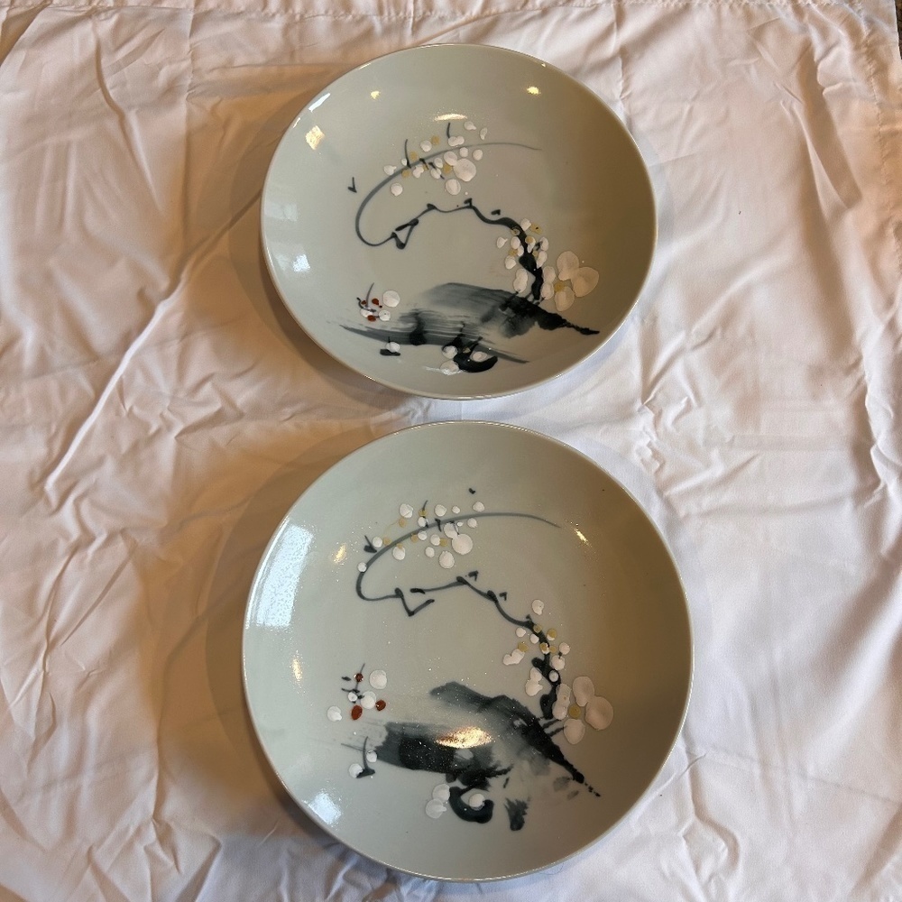 Vintage Handpainted Japanese Porcelain Serving Dishes Set of 2 Mountains/Flowers